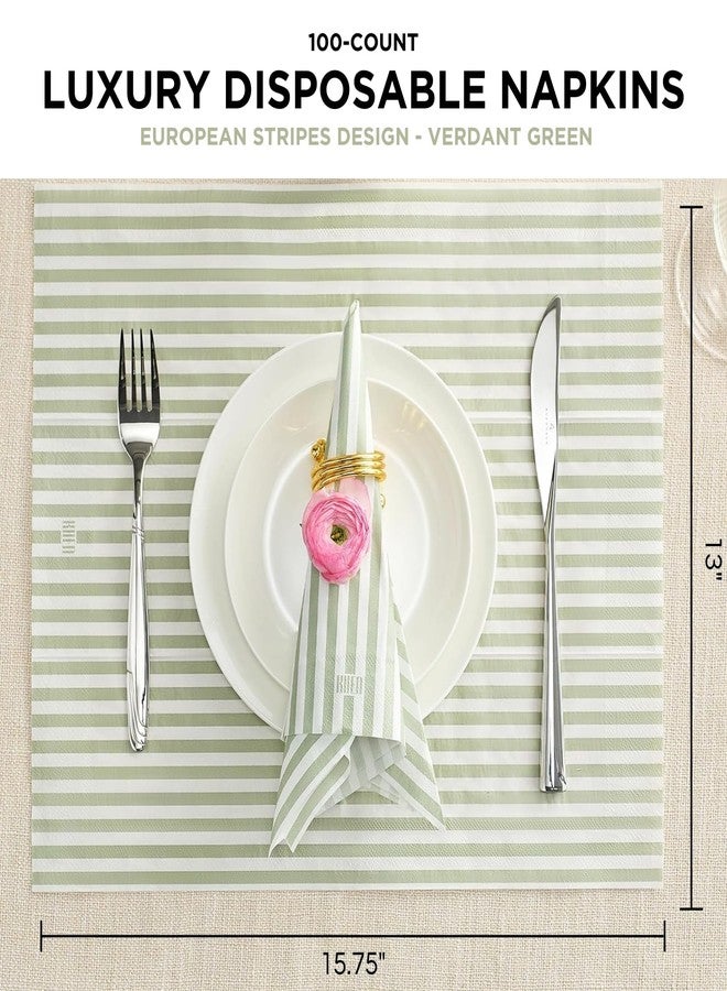 Khen Striped 100-Count Luxury Disposable Napkins, European Stripes Design, 2-Ply Tableware, Linen-Feel Paper Guest Towels, Elegant Soft & Absorbent Hand Towel, Party Napkin or Placemats 15.75"x13" - Green - Image 3